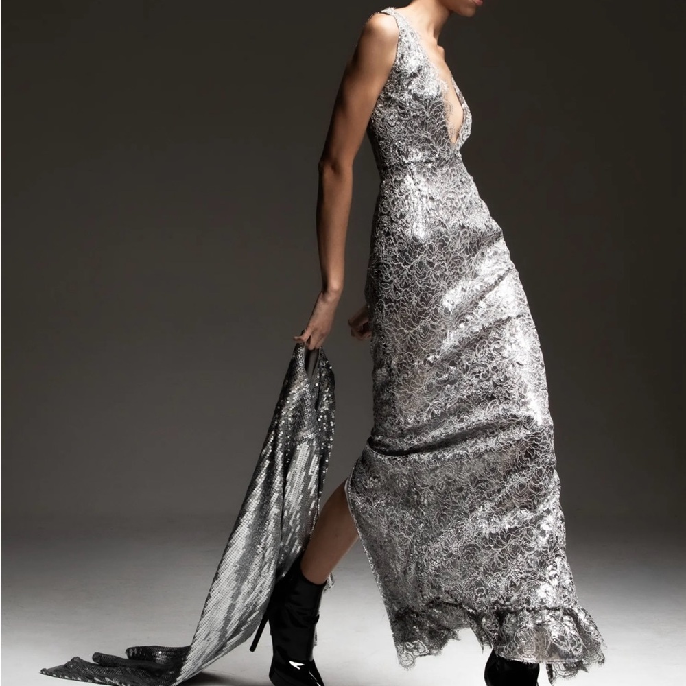 FREDERICK ANDERSON Pre-fall 2024 Silver Lace Evening Gown